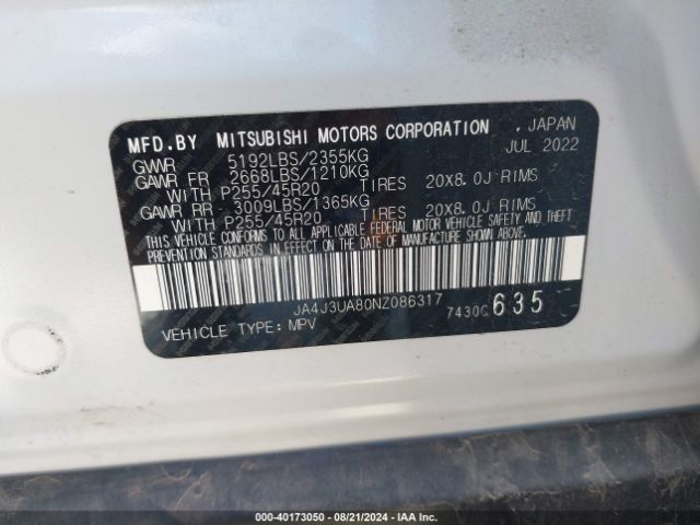 JA4J3UA80NZ086317 Mitsubishi Outlander Black Edition 2wd/se 2.5 2wd/se Launch Edition 2wd