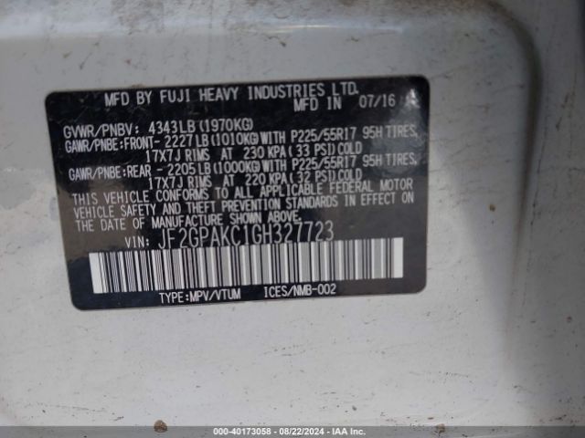 JF2GPAKC1GH327723 Subaru Crosstrek 2.0i Limited