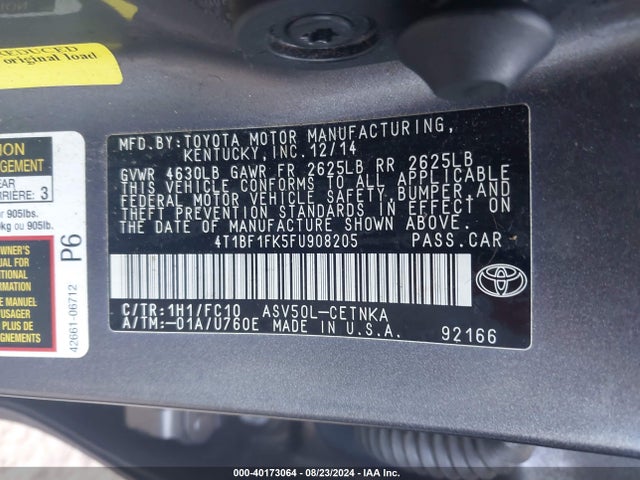 Toyota CAMRY LE 2015 4T1BF1FK5FU908205 Image 9