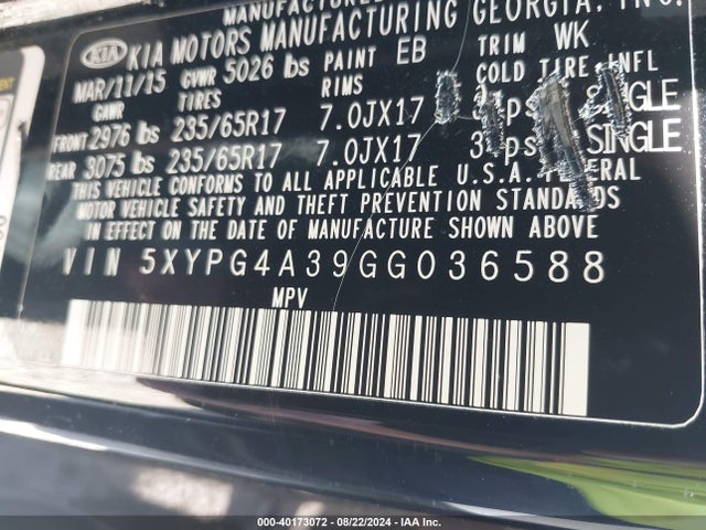 KIA Sorento 2.4l Lx 2016 5XYPG4A39GG036588 Image 9