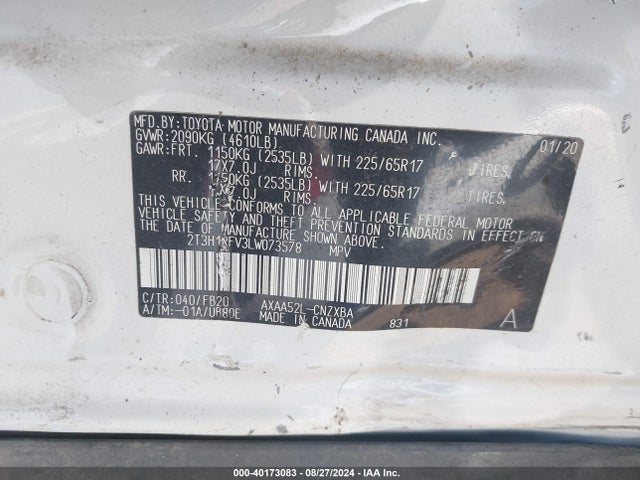 Продаж на аукціоні авто 2020 Toyota Rav4 Le, vin: 2T3H1RFV3LW073578, номер лоту: 40173083