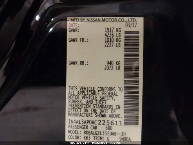 Nissan Altima 2.5 S 2017 1N4AL3AP0HC225611 Image 9