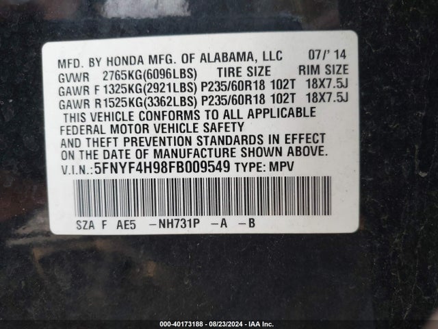 Honda Pilot Touring 2015 5FNYF4H98FB009549 Image 9