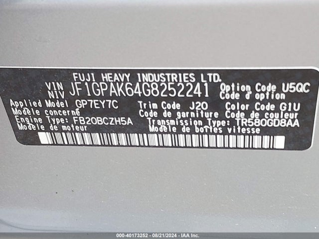 JF1GPAK64G8252241 Subaru Impreza 2.0i Limited