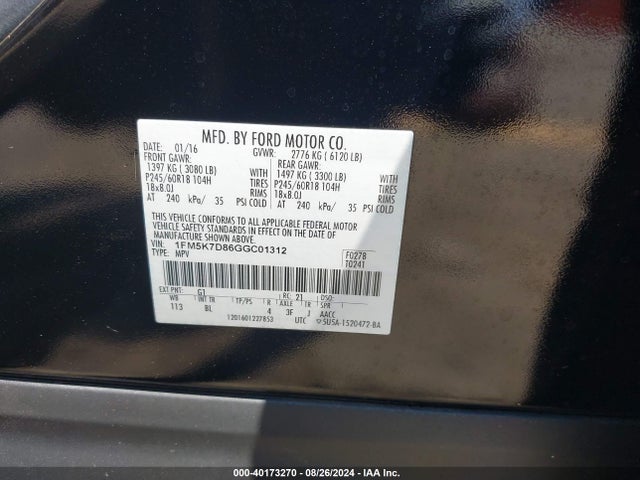 Ford EXPLORER XLT 2016 1FM5K7D86GGC01312 Image 9