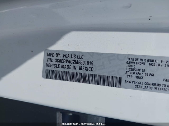 3C6ERVAG2ME501819 RAM Promaster 1500 Low Roof 136 Wb