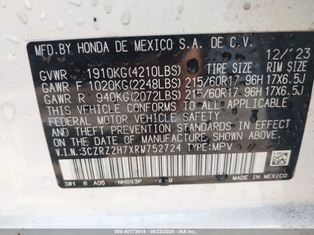 3CZRZ2H7XRM752724 Honda Hr-v Awd Ex-l/awd Ex-l W/o Bsi