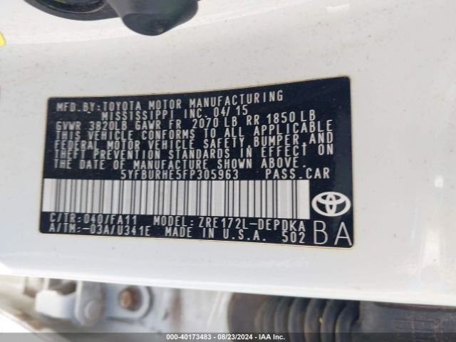 5YFBURHE5FP305963 Toyota COROLLA L