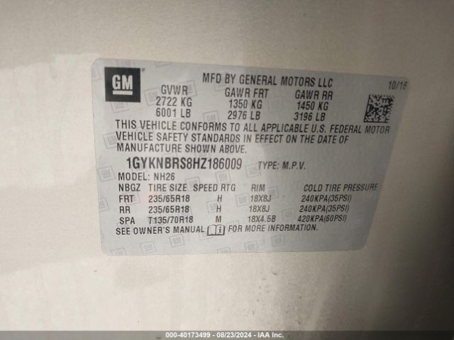 1GYKNBRS8HZ186009 Cadillac XT5 LUXURY