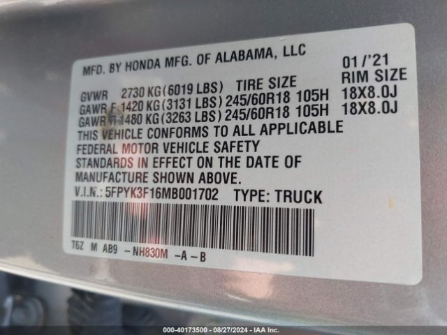 5FPYK3F16MB001702 Honda Ridgeline Awd Sport