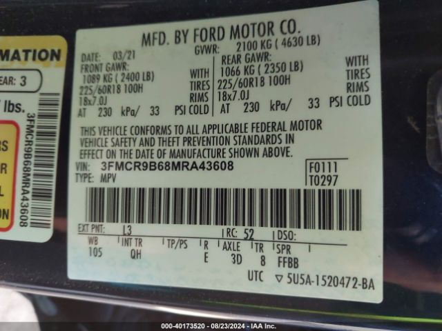 3FMCR9B68MRA43608 Ford Bronco Sport Big Bend