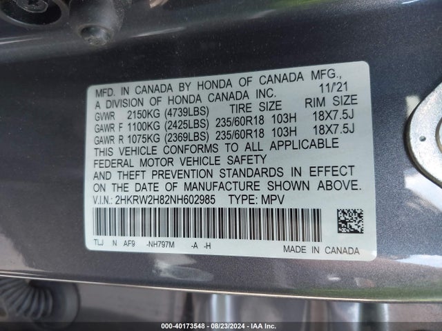 Honda Cr-v Awd Ex-l 2022 2HKRW2H82NH602985 Image 9