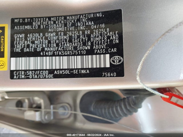 Toyota CAMRY LE 2016 4T4BF1FK5GR575110 Image 9