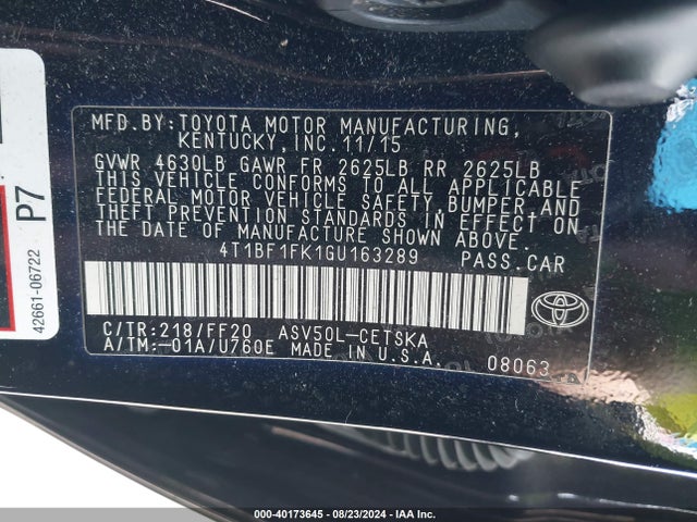 Toyota CAMRY SE 2016 4T1BF1FK1GU163289 Image 9