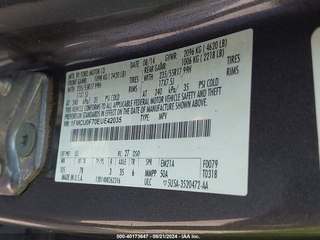 Ford ESCAPE S 2014 1FMCU0F70EUE42035 Image 9