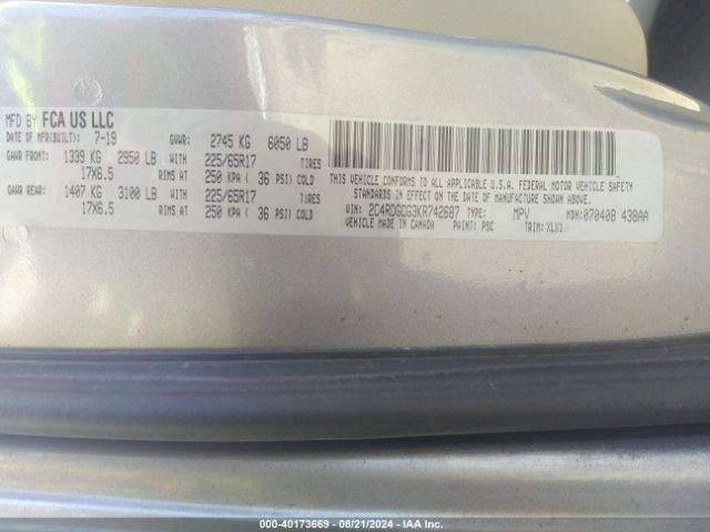 2C4RDGCG3KR742687 Dodge Grand Caravan Sxt