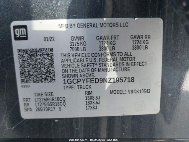 1GCPYFED9NZ195718 Chevrolet Silverado 1500 Ltd 4wd  Short Bed Lt Trail Boss