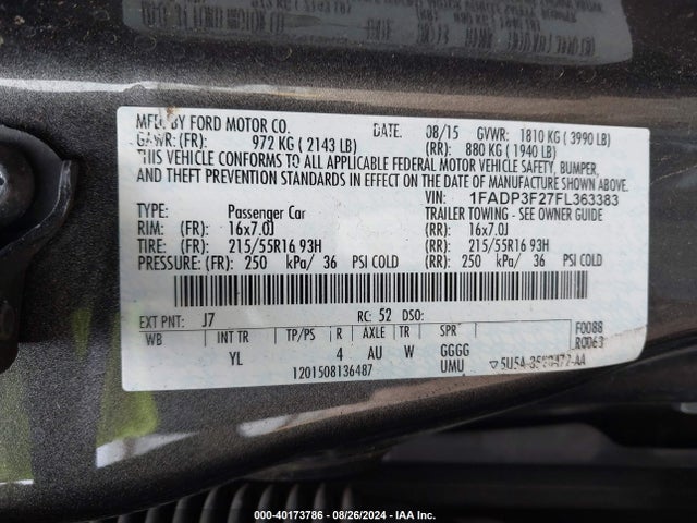 Ford FOCUS SE 2015 1FADP3F27FL363383 Image 9