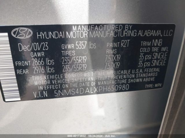 5NMS4DALXPH650980 Hyundai Santa Fe Limited