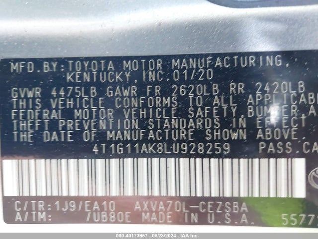 Toyota CAMRY SE 2020 4T1G11AK8LU928259 Image 9