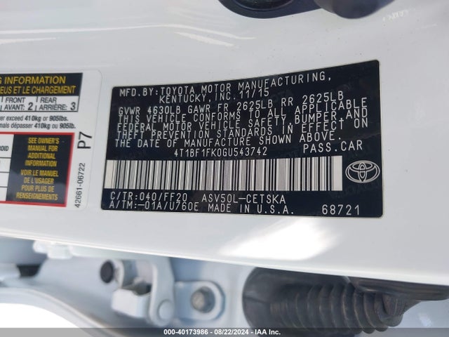 Toyota CAMRY SE 2016 4T1BF1FK0GU543742 Image 9