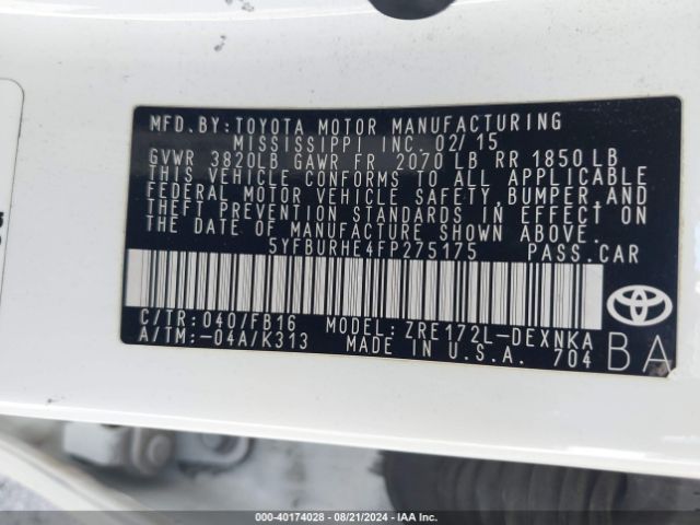 5YFBURHE4FP275175 Toyota Corolla Le Plus