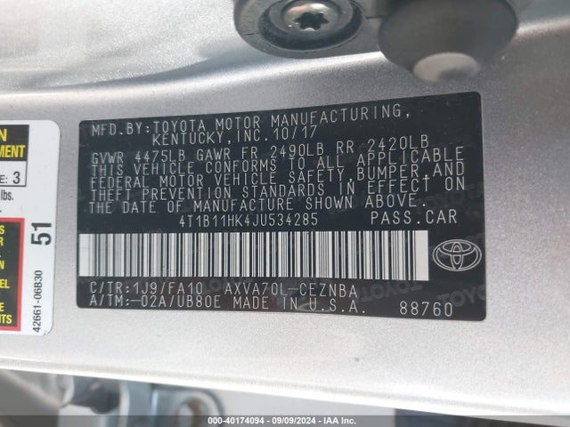 Toyota CAMRY LE 2018 4T1B11HK4JU534285 Image 9