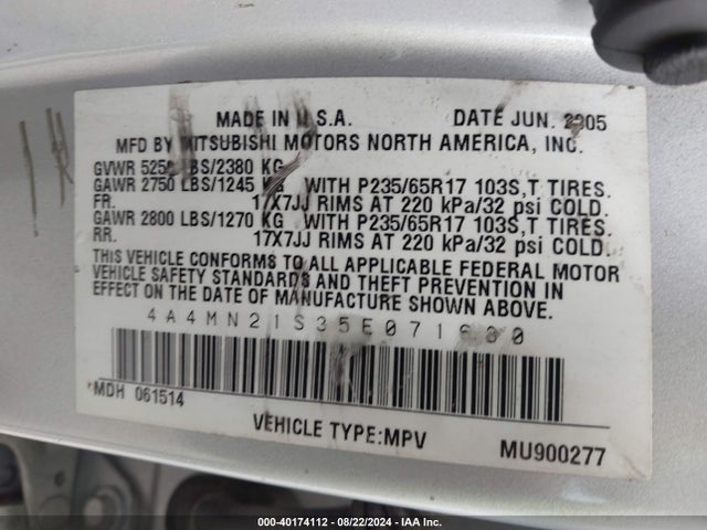 2005 MITSUBISHI ENDEAVOR 4A4MN21S35E071680 Photo 8