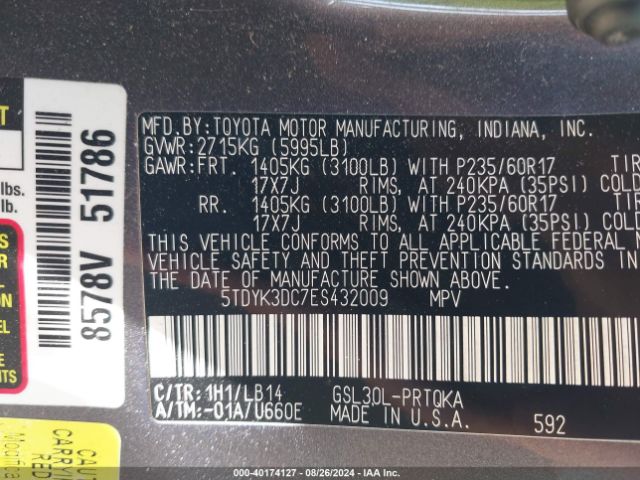 5TDYK3DC7ES432009 Toyota Sienna Xle V6 8 Passenger