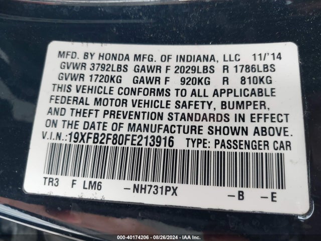Honda CIVIC EX 2015 19XFB2F80FE213916 Image 9