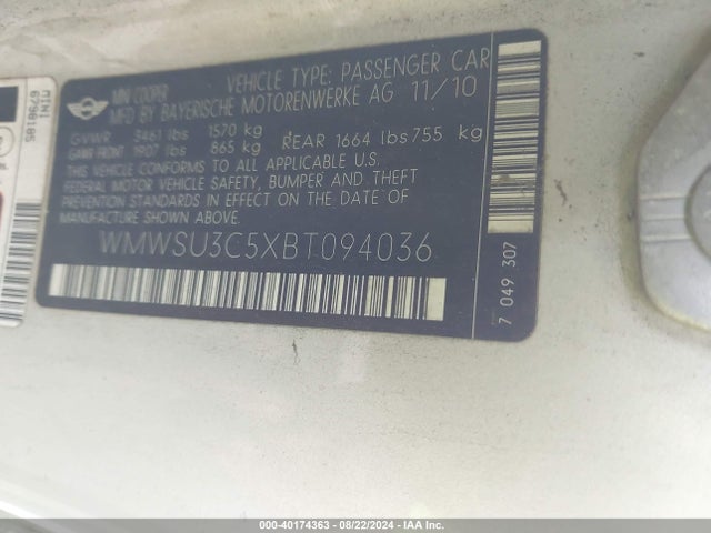 2011 MINI COOPER WMWSU3C5XBT094036 Photo 8
