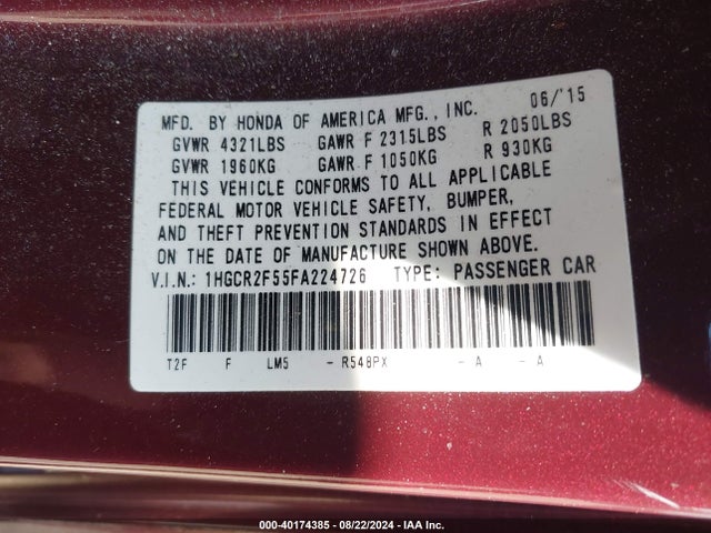 Honda Accord Sport 2015 1HGCR2F55FA224726 Image 9