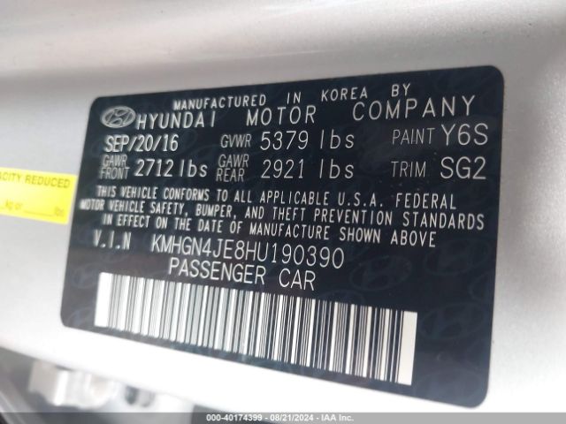 KMHGN4JE8HU190390 Genesis G80 3.8