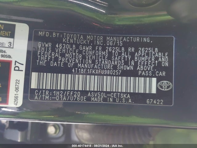 Toyota CAMRY SE 2015 4T1BF1FKXFU980257 Image 9