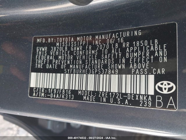 Toyota COROLLA LE 2016 5YFBURHE3GP537849 Image 9