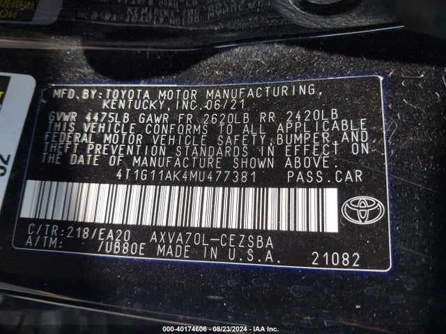Toyota CAMRY SE 2021 4T1G11AK4MU477381 Image 9