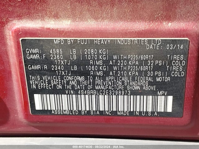 Subaru Outback 2.5i Limited 2014 4S4BRBLC2E3298973 Image 9