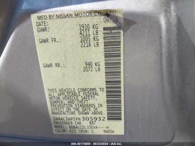 Nissan Altima 2.5 S 2015 1N4AL3AP2FN305932 Image 9