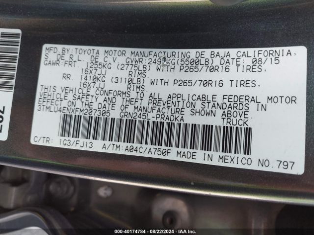 3TMLU4ENXFM207305 Toyota Tacoma Base V6