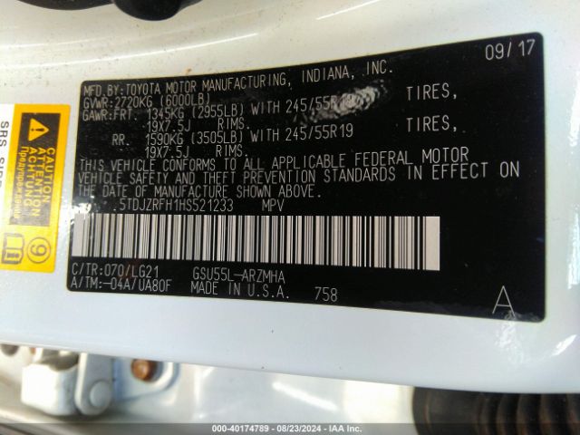5TDJZRFH1HS521233 Toyota Highlander Se