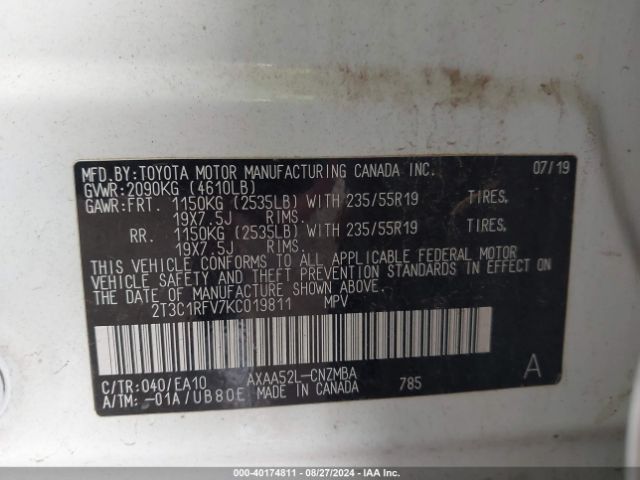 2T3C1RFV7KC019811 Toyota Rav4 Xle Premium