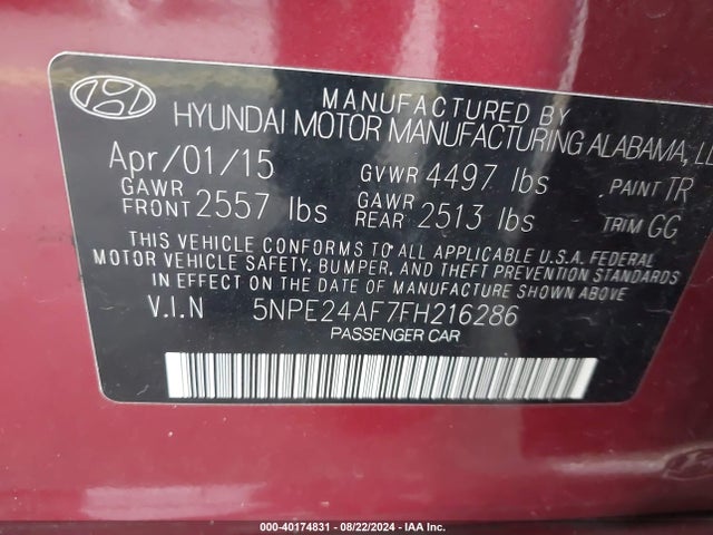Hyundai SONATA SE 2015 5NPE24AF7FH216286 Image 9