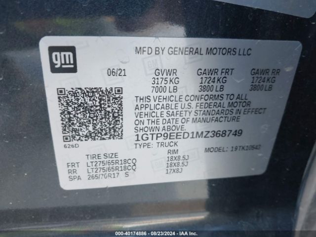 1GTP9EED1MZ368749 GMC Sierra 1500 4wd  Short Box At4