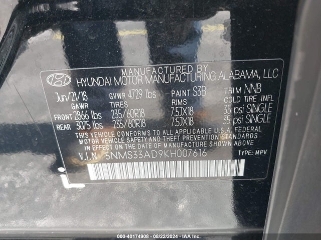 5NMS33AD9KH007616 Hyundai Santa Fe Sel Plus