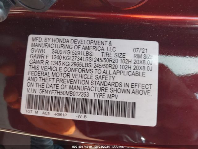 5FNYF7H50MB012263 Honda Passport 2wd Ex-l