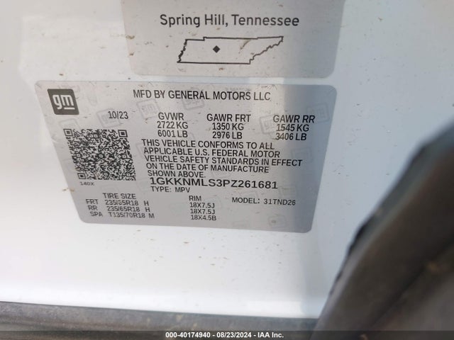 1GKKNMLS3PZ261681 GMC Acadia Fwd Slt