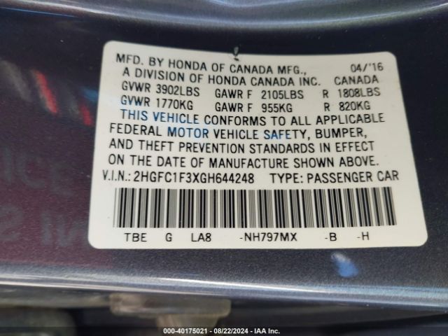 2HGFC1F3XGH644248 Honda Civic Ex-t