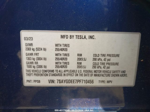 7SAYGDEE7PF710456 Tesla Model Y Awd/long Range Dual Motor All-wheel Drive