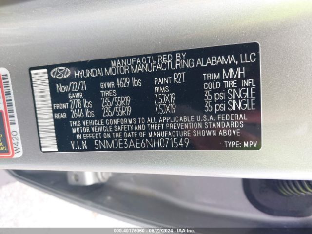 5NMJE3AE6NH071549 Hyundai Tucson Limited