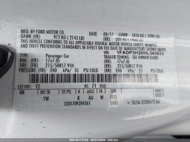 1FADP3H20HL343833 Ford FOCUS SEL
